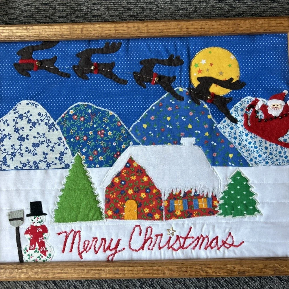 80s Handmade Quilted Merry Christmas Holiday Wall Art Wood Framed Appliqué Decor